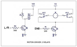 Gambar 2.3c Rangkaian satu penggerak motor (motor driver) yang menggunakan relay sebagai pembalik kutub tegangan baterai untuk mengubah arah putaran motor.