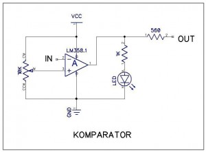 Gambar 2.3b Rangkaian untuk satu komparator. Satu komparator dapat digunakan untuk melayani satu atau lebih sensor garis, namun keluarannya hanya satu.